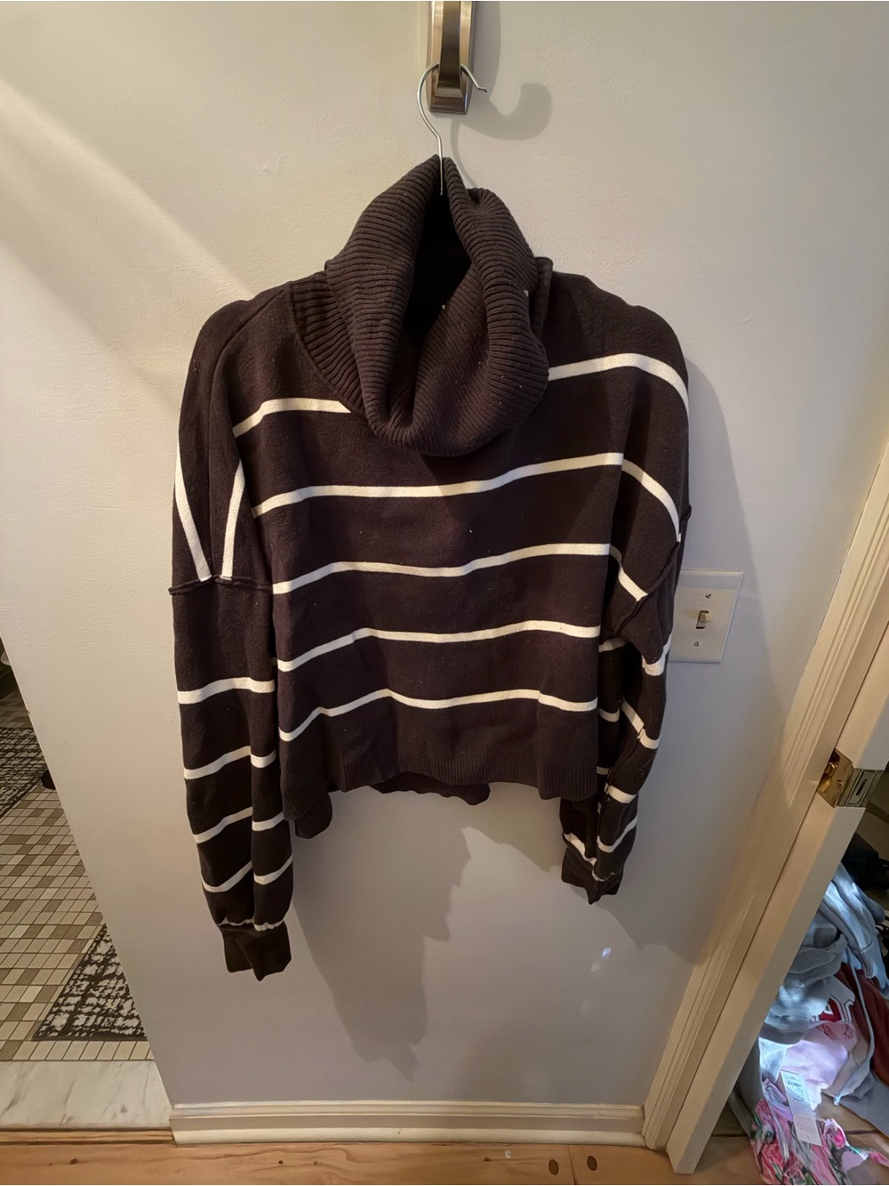 Free People Black and White Striped Cropped Cowl Neck Sweater